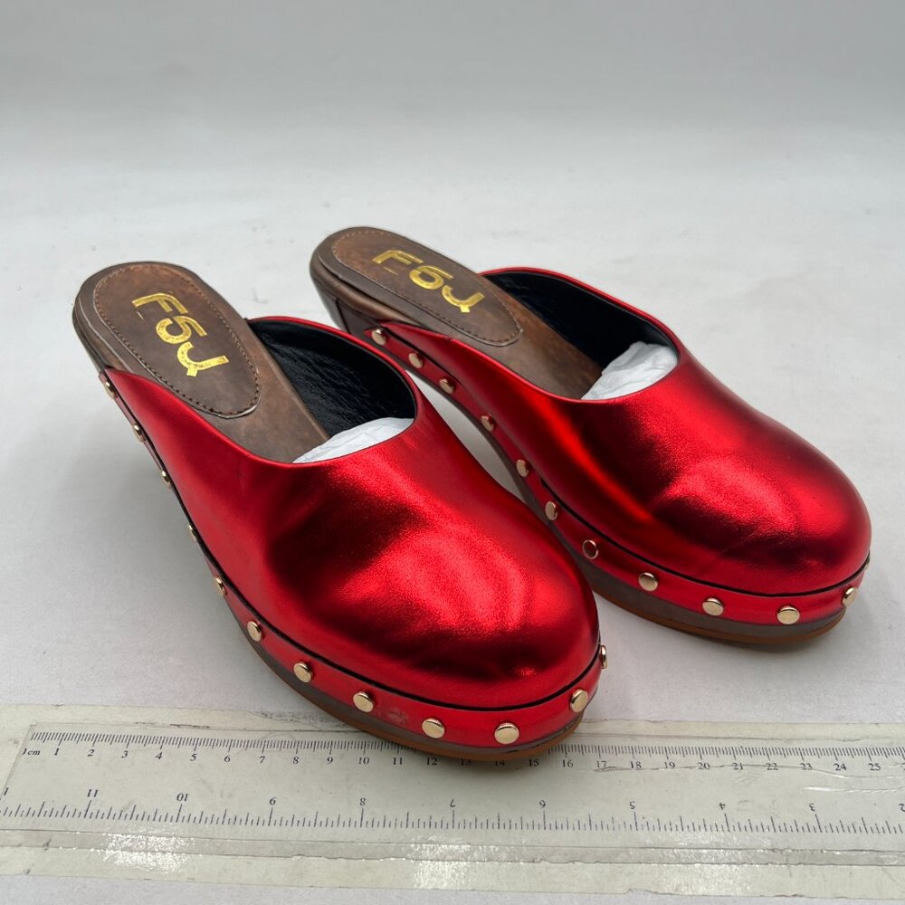 FSJ Red Round Closed Toe Mules Wooden Kitten Heel Trendy Studded Slide Sandals - Picture 4 of 8